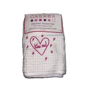CASABA Kitchen Towel Set Of 2 Turkish Cotton White Pink Kiss Me! Embroidered